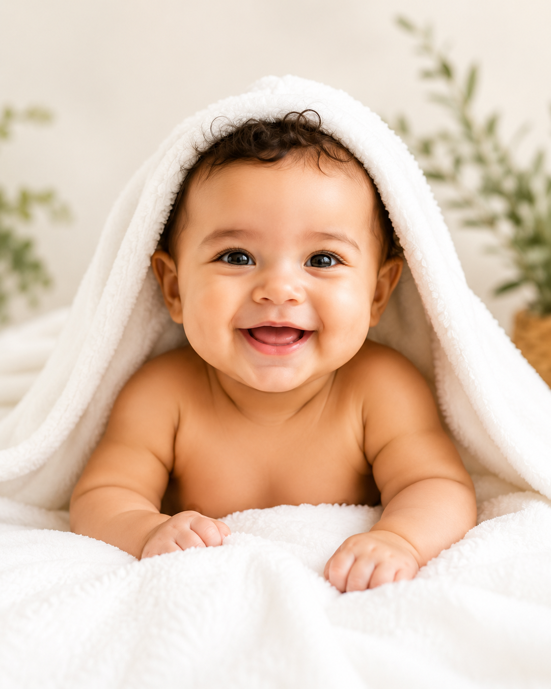 Smiling baby wrapped in a soft towel